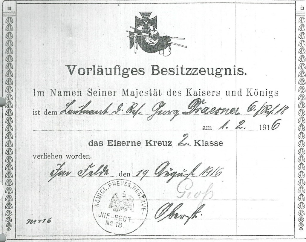 Besitzzeugnis-Eisernes-Kreuz-II-Klasse-Georg-Draesner-1916